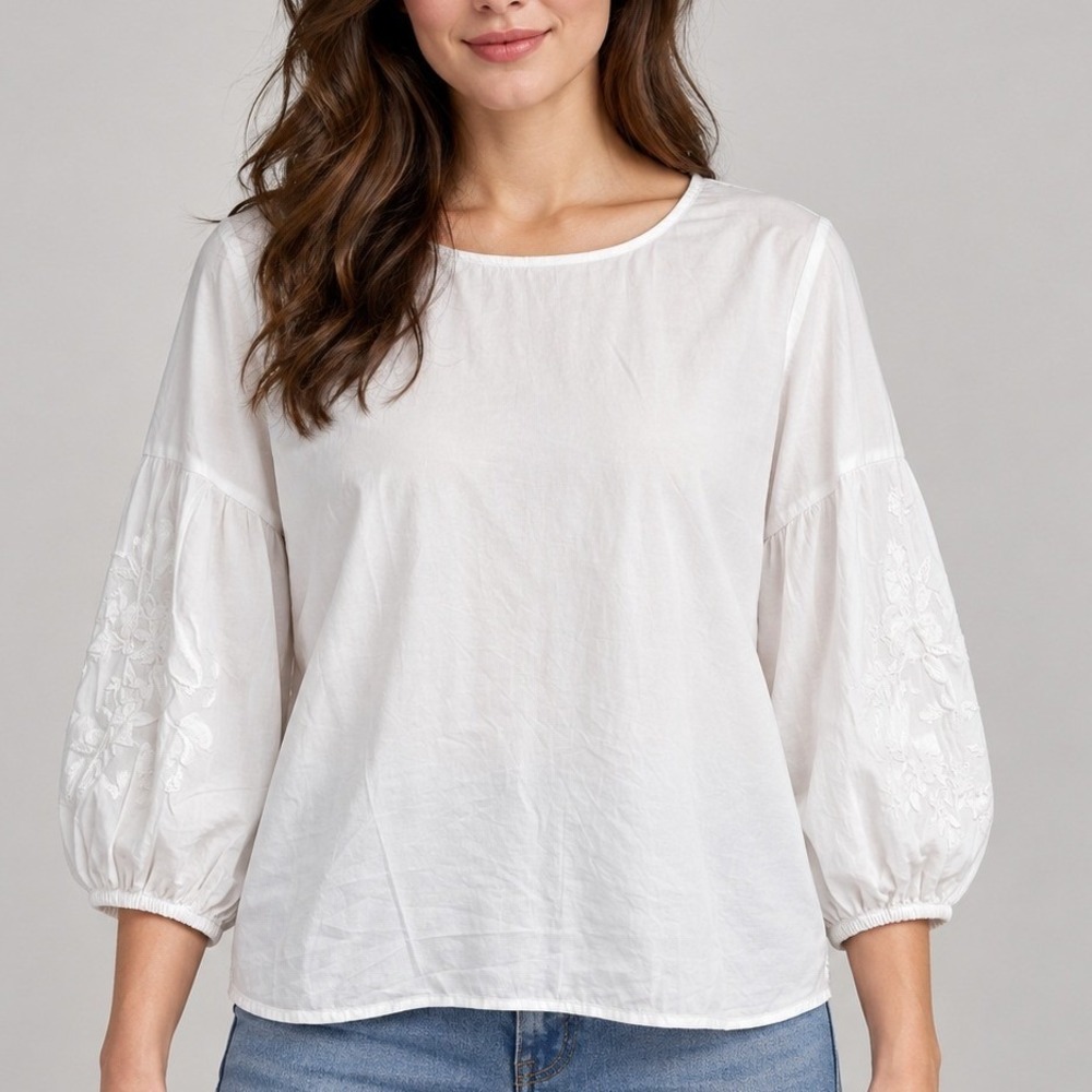 Liz Claiborne Petite White Cotton Embroidered Blouse PXL Boho Balloon Sleeve Top